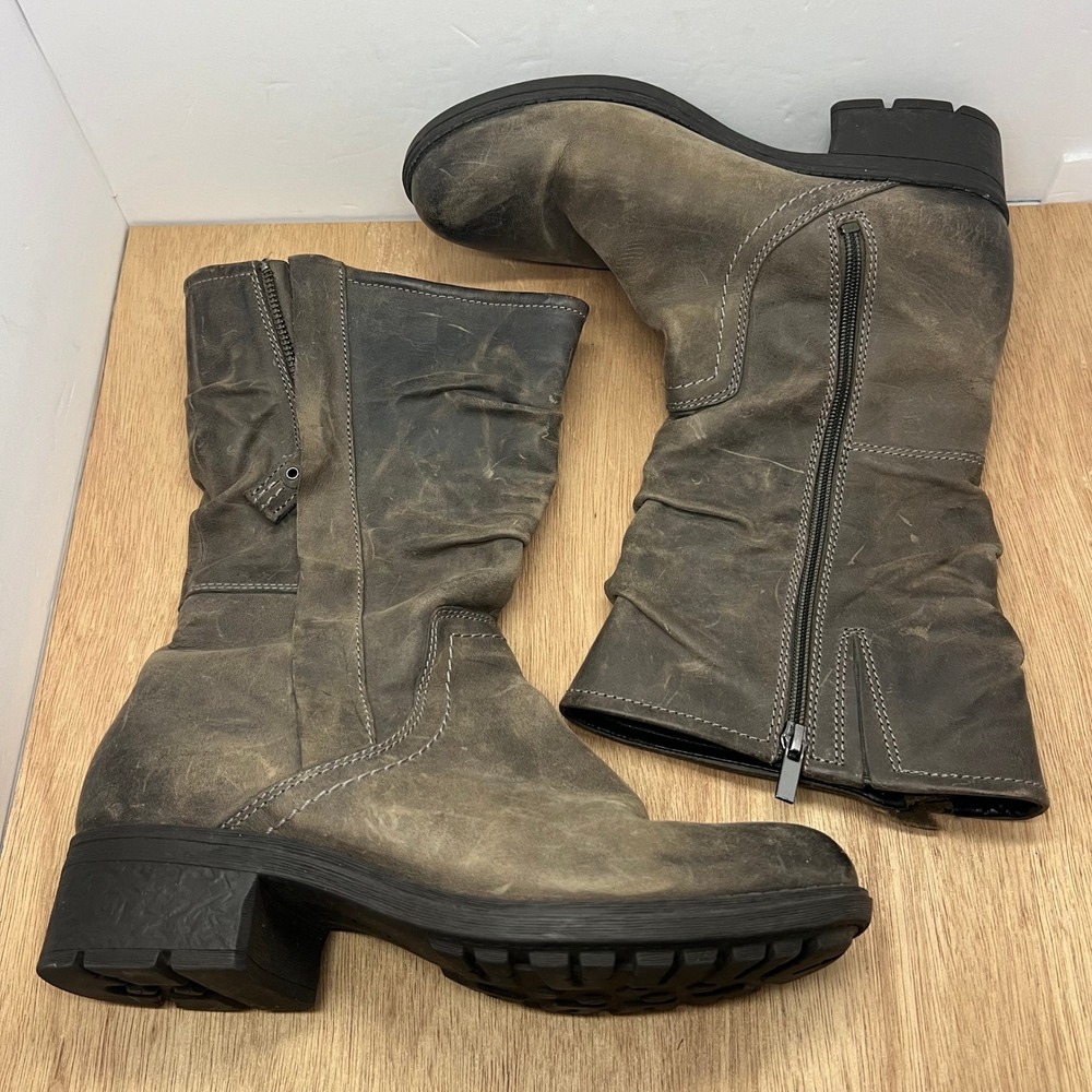 Clarks Distressed Leather Moto Boots Womens 10M Brown Mid Calf Zipper Fall Biker